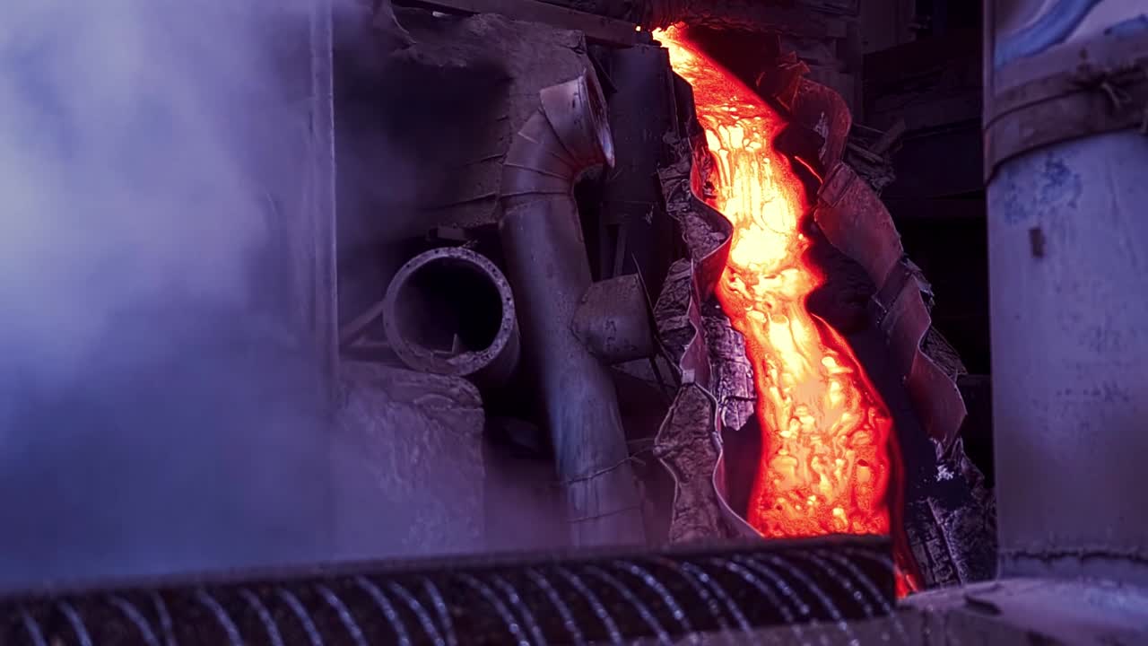 철강 공장에서 녹은 금속을 고 냉각하는 과정