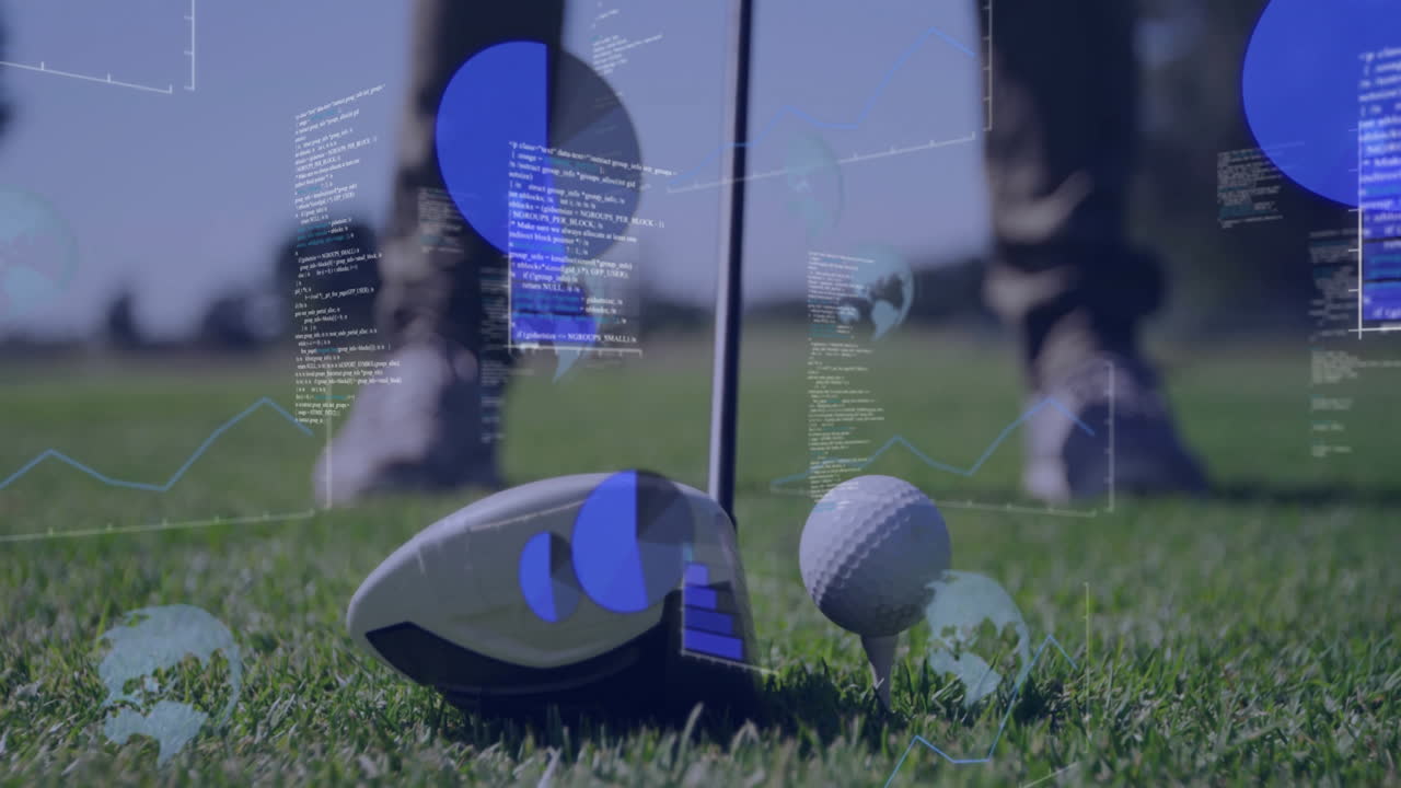 Golf club and ball on grass with data processing animation overlay