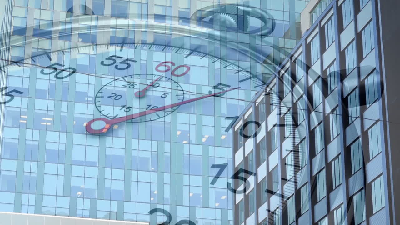 animación de un temporizador en movimiento sobre el paisaje urbano