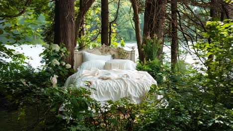 a bed in the middle of a lush green forest next to a lake