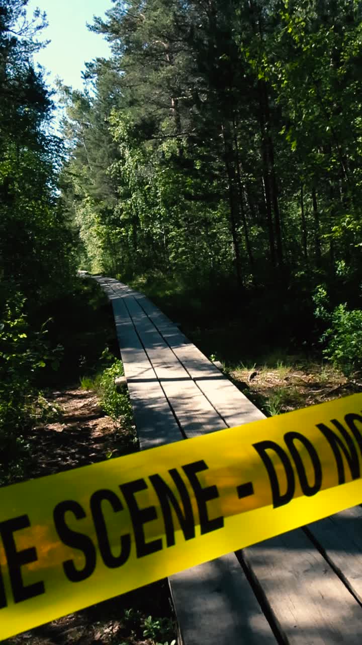 Close up or closeup vertical video of a yellow colored Crime Scene do Not Enter ribbon tape pulled in front and over a marshland bog wetlands wooden boardwalk during a sunny day with trees on the side