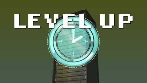animación de texto de nivel sobre reloj digital contra el rack del servidor en un fondo abstracto