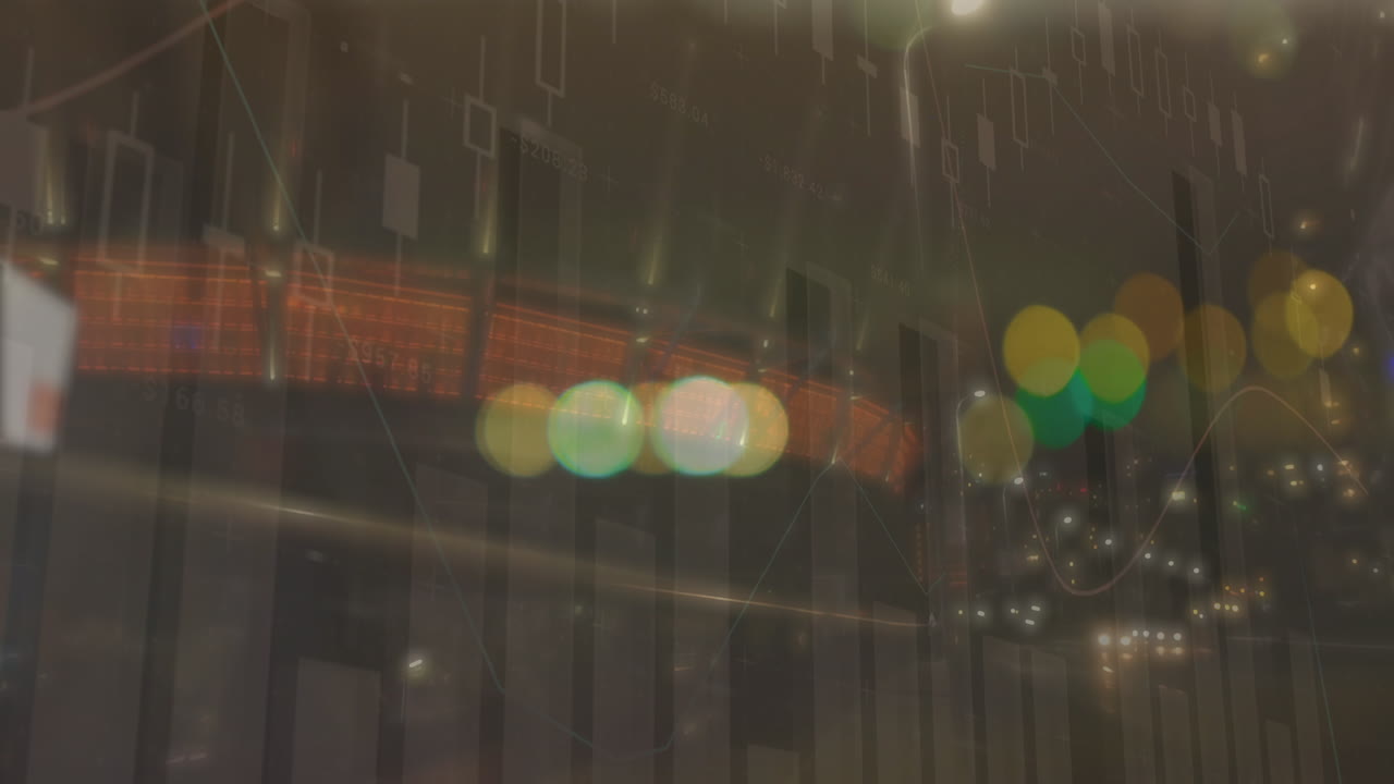 도시 풍경 위의 금융 데이터 처리 애니메이션