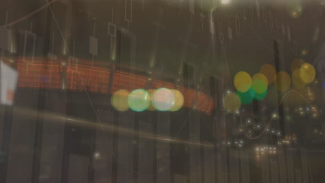 animation of financial data processing over cityscape