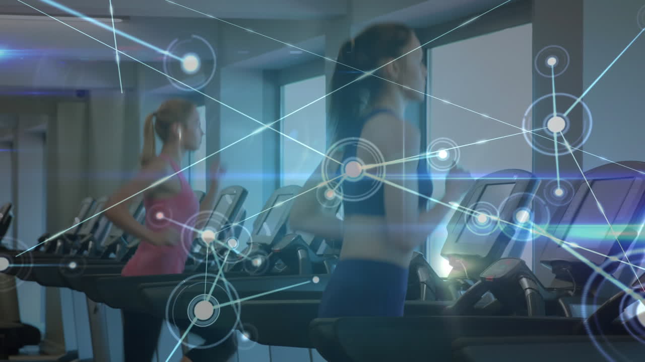 체육관에서 달리는 여성 운동선수들과 함께 통계 기록의 애니메이션