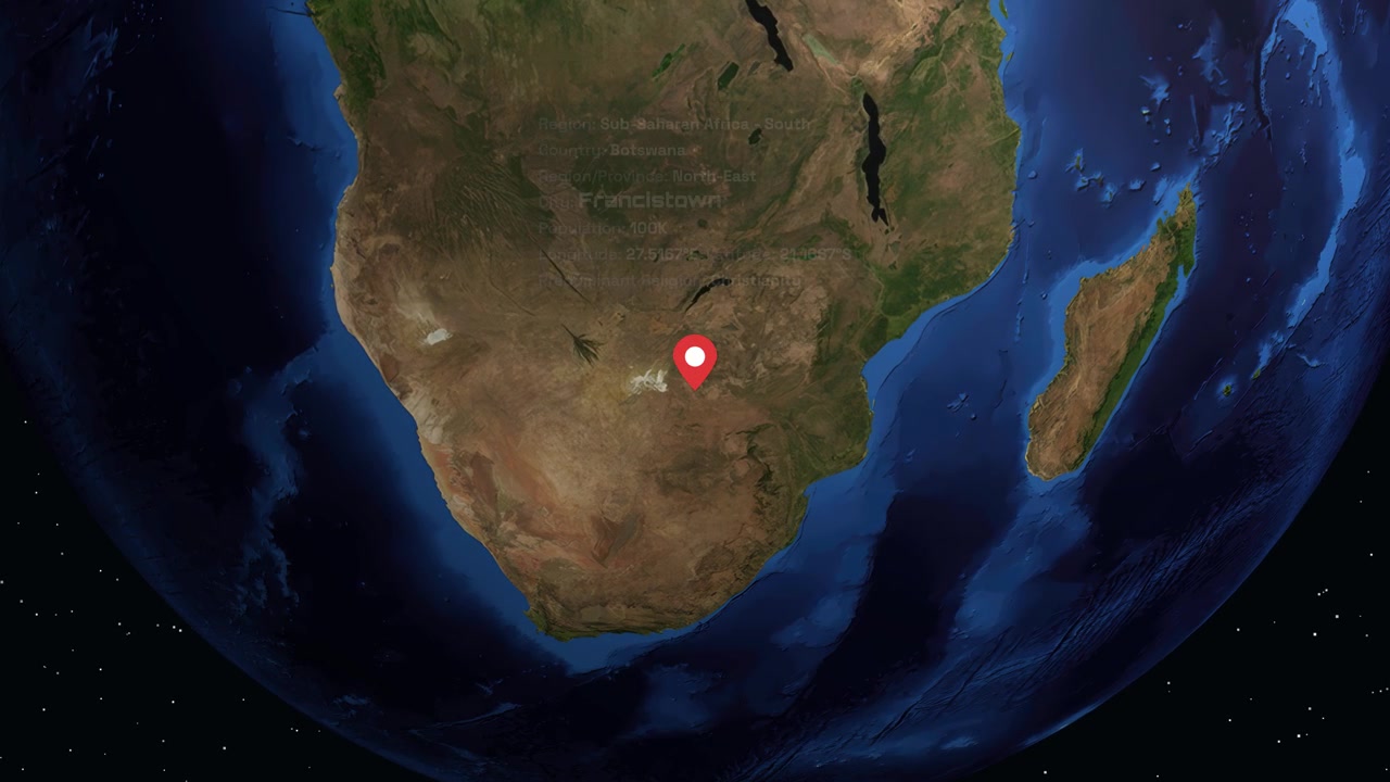 Digital earth rotates and zooms into Francistown Botswana with an informative data panel overlay