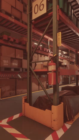 inside a warehouse: rows of storage racks and inventory