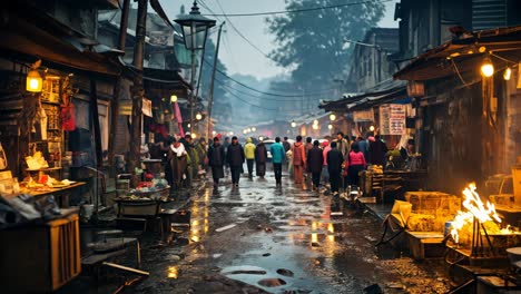 street market bustling with activity at dusk in a lively neighborhood