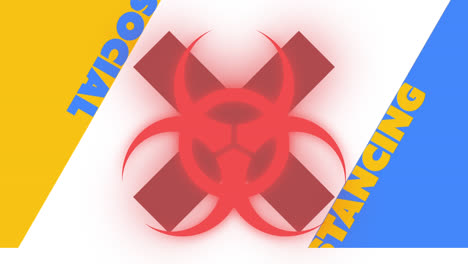 social distancing text against biohazard and red cross sign