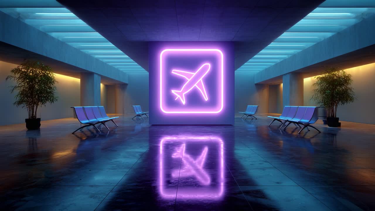 A Modern Airport Lounge with a Neon Airplane Sign Illuminating a Stylish Waiting Area, Featuring Sleek Seating and Lush Greenery Amidst a Contemporary Architectural Space