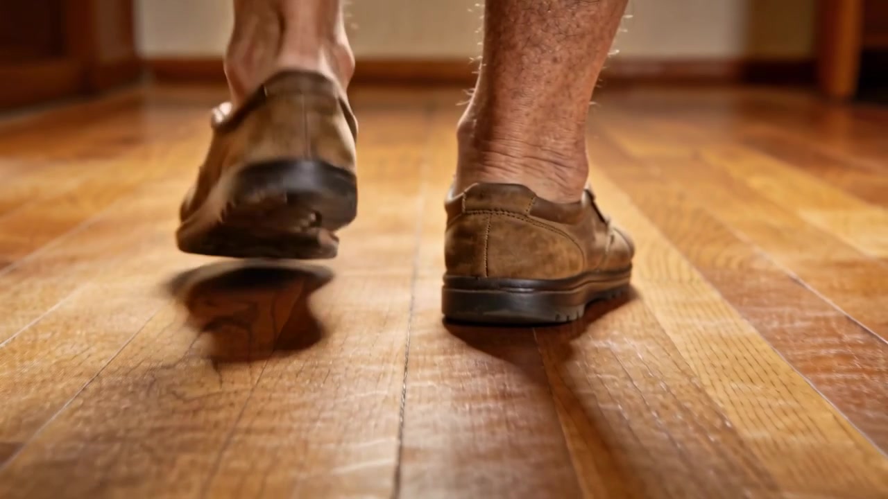 Anziano che cammina con il tallone destro che si solleva verso l'ingresso su un pavimento di legno, mostrando scarpe di camoscio e gambe nude.