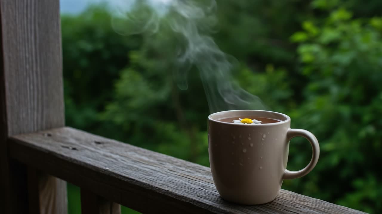 A serene cup of steaming herbal tea adorned with a small flower, placed on a rustic wooden railing with lush greenery in the background, evoking a sense of tranquility and peace