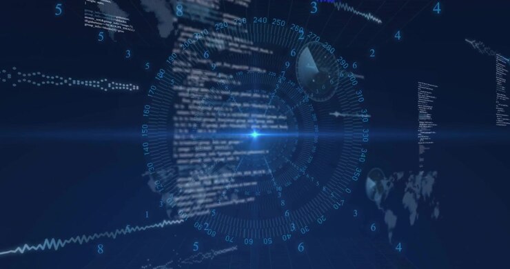 Central node opening rotating overlays, animating map, code, pie chart for visualizing data updates