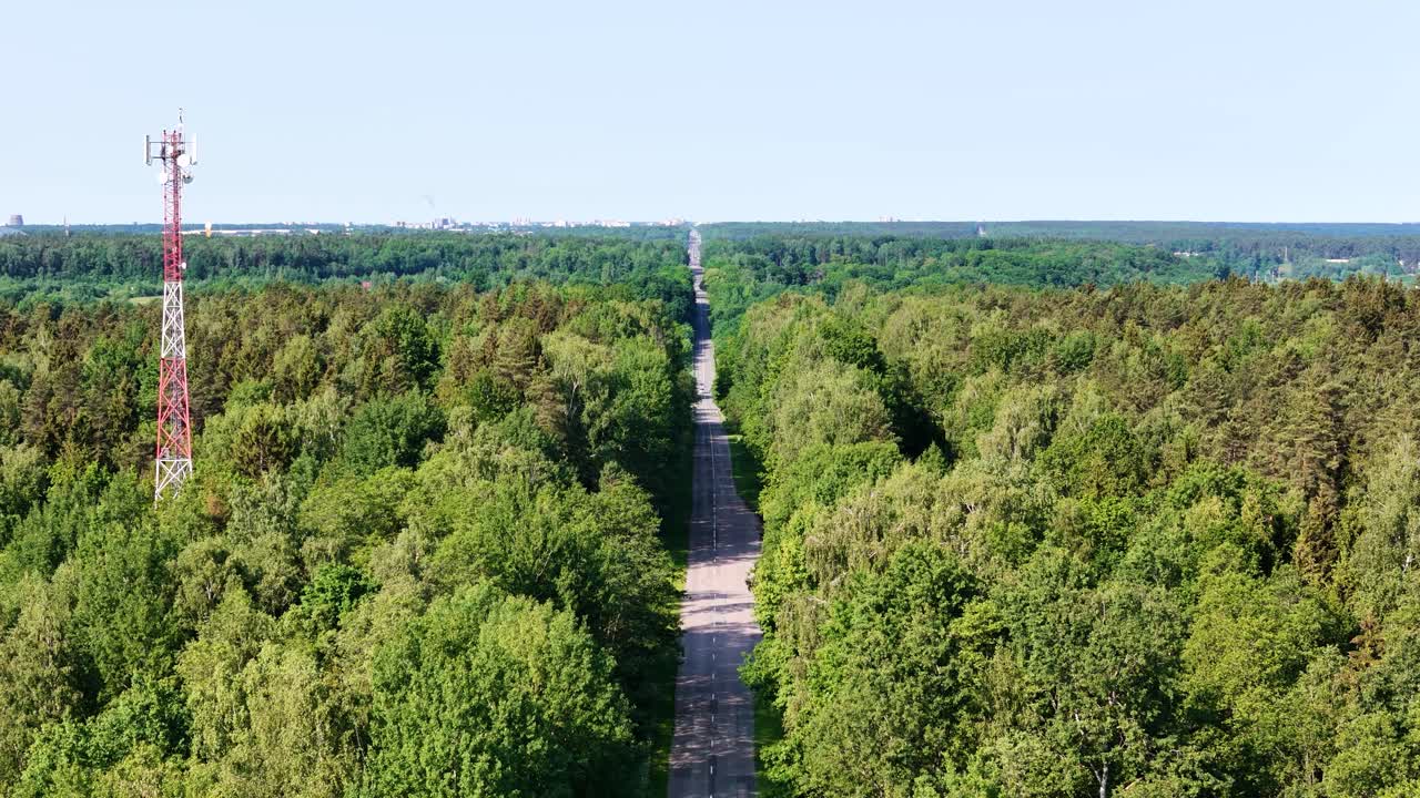 Narrow local road surrounded with forest, aerial drone view