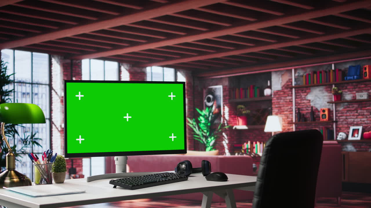 Refined office setup in classy loft with green screen monitor for mockups