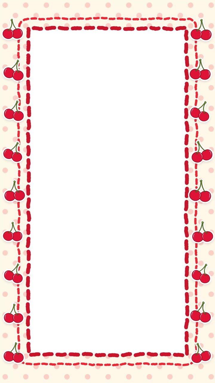 A vertical animated frame loop features cute cherry illustrations and red stitched border lines.