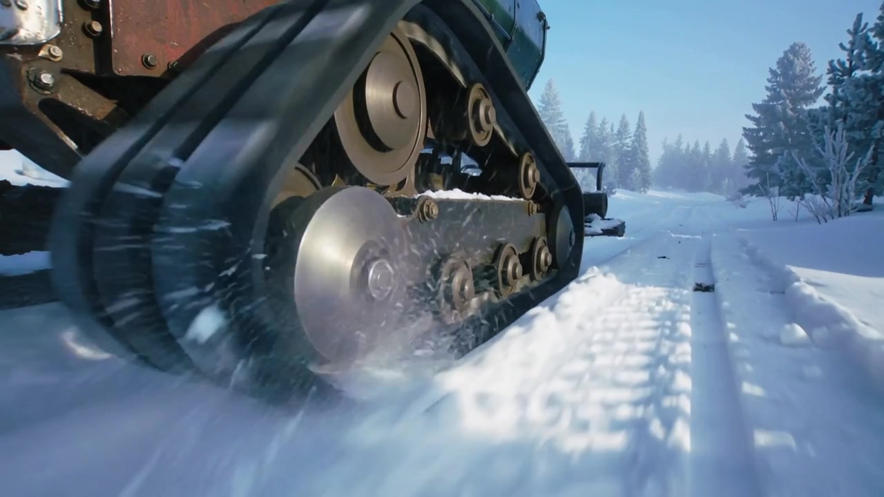 Cingolo in movimento che ruota, sollevando neve lungo un sentiero nel bosco per trainare una slitta, spazio per il testo