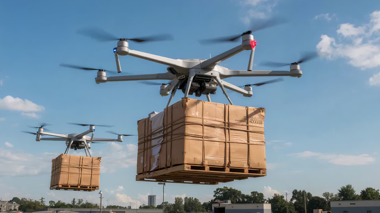 Flying centered cargo drone carrying wrapped pallet over rooftops with second drone trailing left