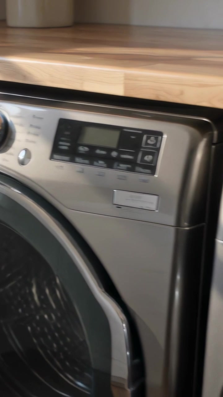 Verticale video: Camera panoreert van linker wasmachine naar rechter droger in wasruimte, waarbij bedieningselementen zichtbaar worden.