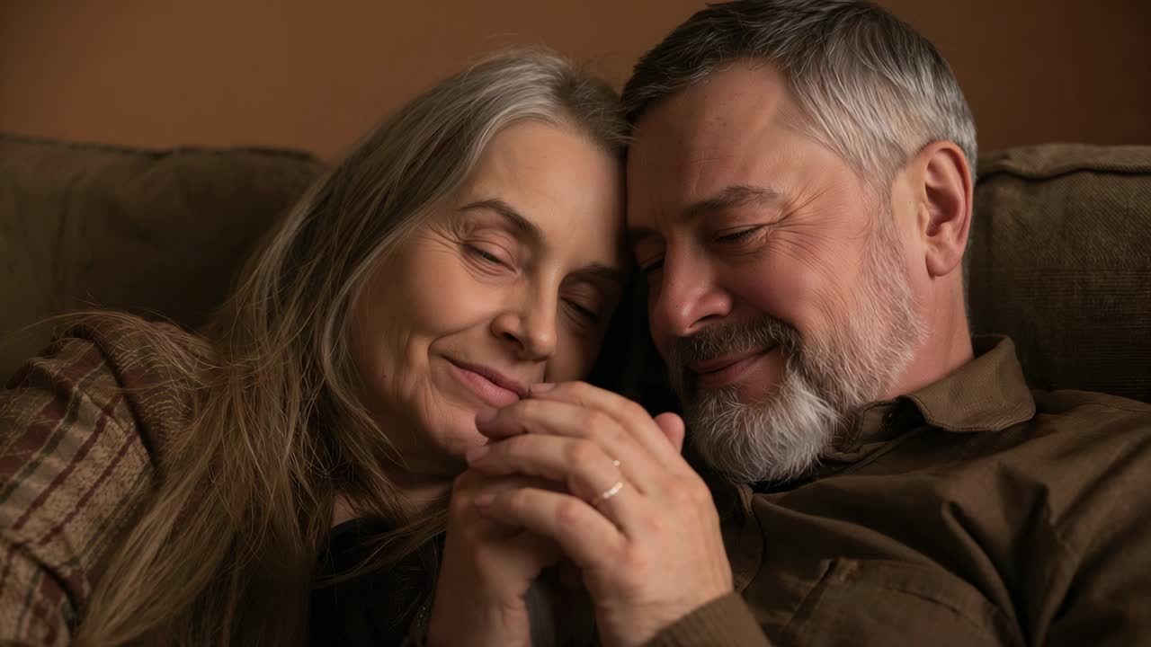 Leaning senior couple after heads touching, gazing on sofa, holding hands showing ring in brown