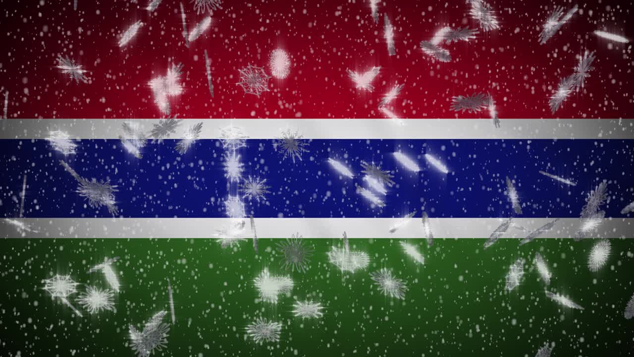Gambia flag falling snow loopable, New Year and Christmas background, loop
