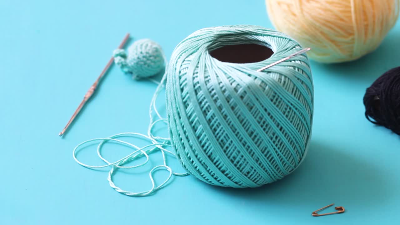 blue cotton threads monochromatic. crochet materials.