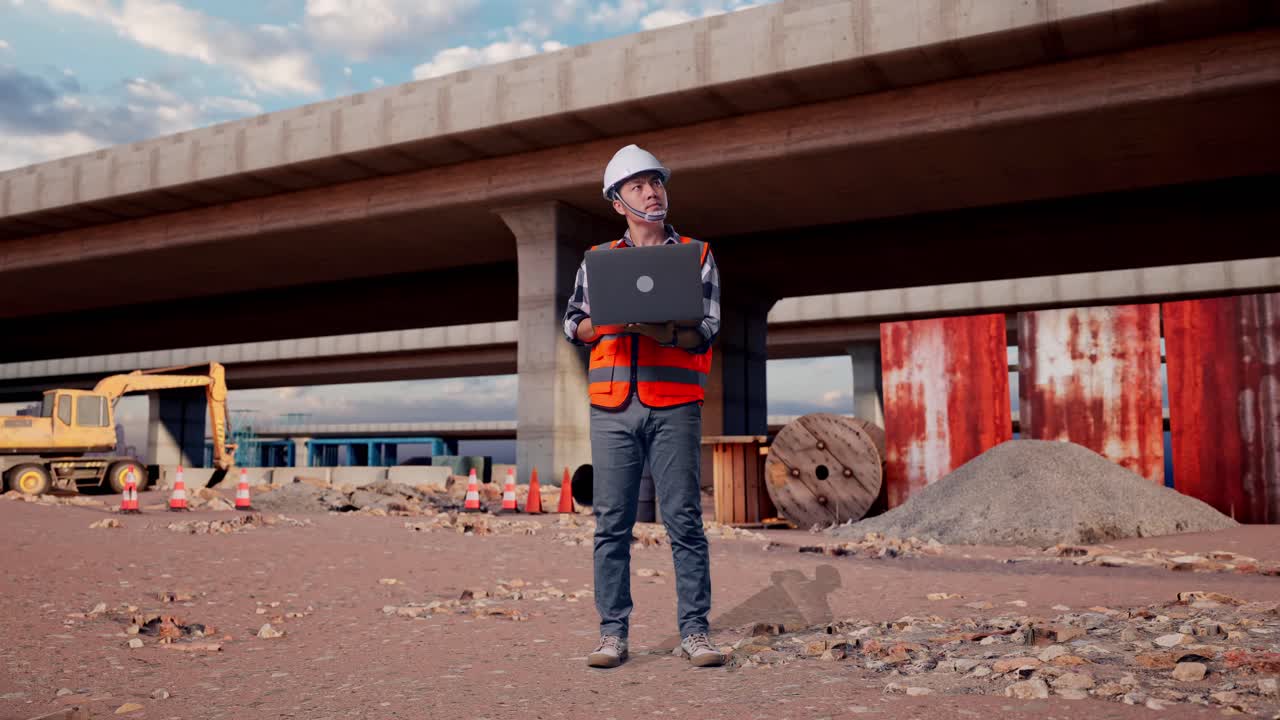 Full Body Of Asian Male Engineer With Safety Helmet Working On A Laptop And Looking Around While Standing At The Site of Highway Construction