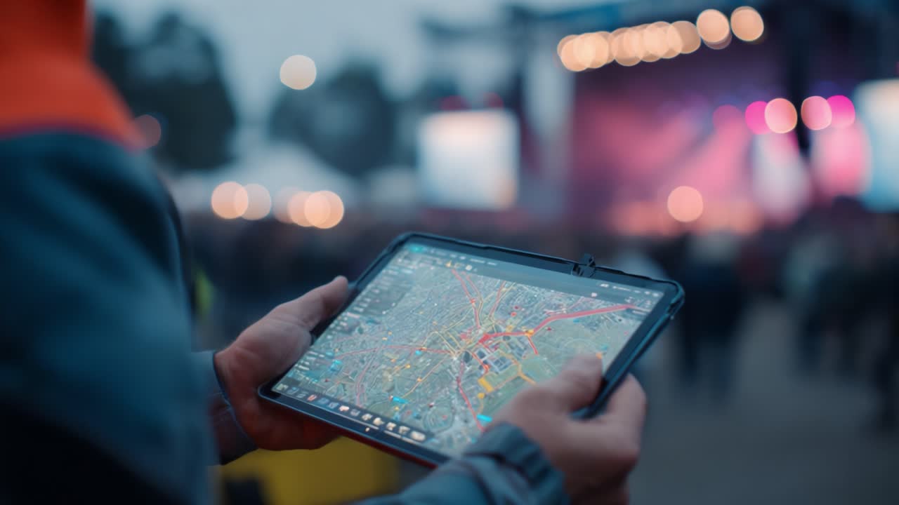 A person holding a digital tablet showcasing a detailed map, standing amidst a vibrant outdoor event, with a stage illuminated by colorful lights and a crowd in the background, capturing the excitement and energy of the occasion