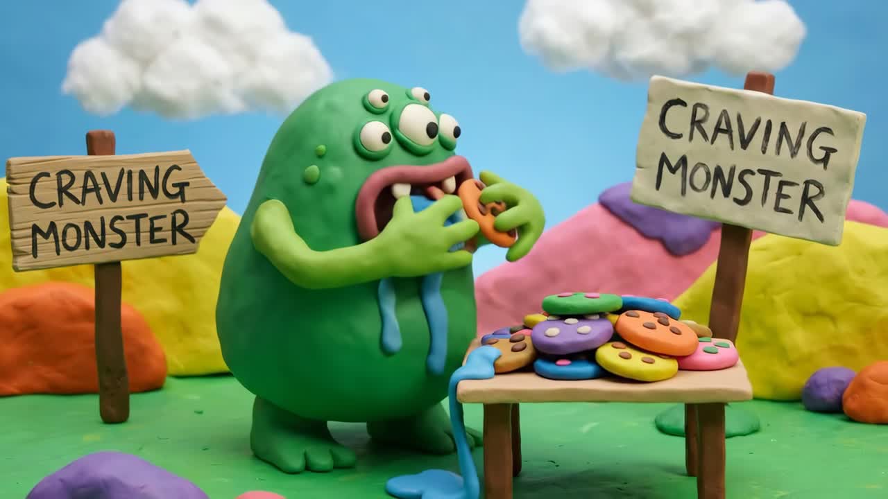 Hungrig «Claymation»-monster griper og spiser en fargerik cookie