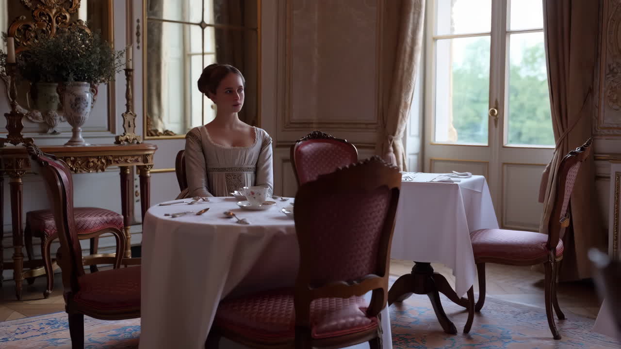 Giovane donna in abiti storici in una stanza opulenta