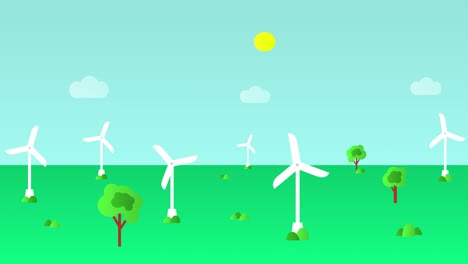 wind turbines or wind generators in action, cartoon animation video. modern windmills. wind energy. concept of alternative renewable energy