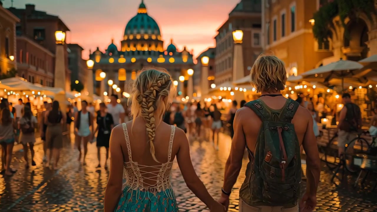 Vista posteriore di una giovane coppia di turisti che si tiene per mano su una vivace strada acciottolata con caffè e luci calde, con la Basilica di San Pietro in lontananza al tramonto.