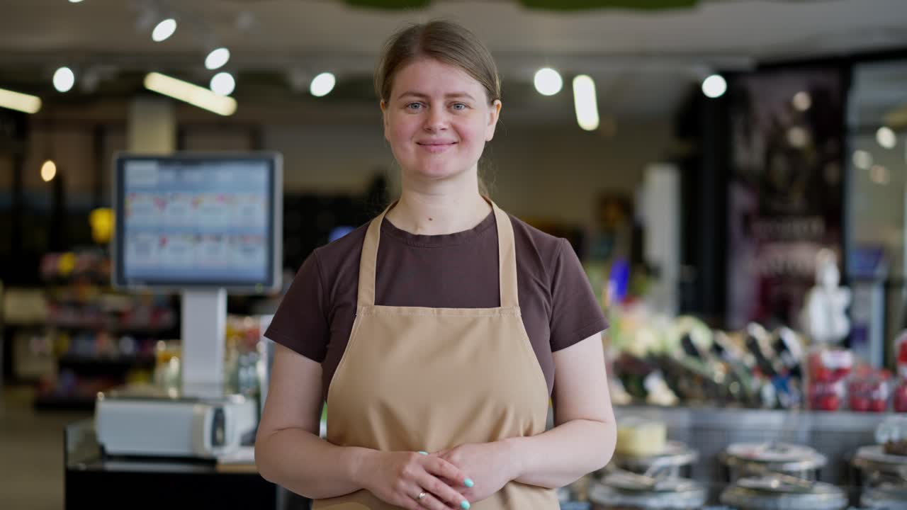 Portrait of a happy girl with blue eyes in a brown T-shirt and apron who stands near the shelves in a supermarket and poses during her working day