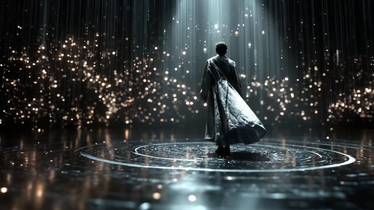 A solitary figure stands beneath shimmering lights, draped in an ornate cloak, amidst a captivating display of sparkles and radiant beams, evoking a sense of wonder and mystery