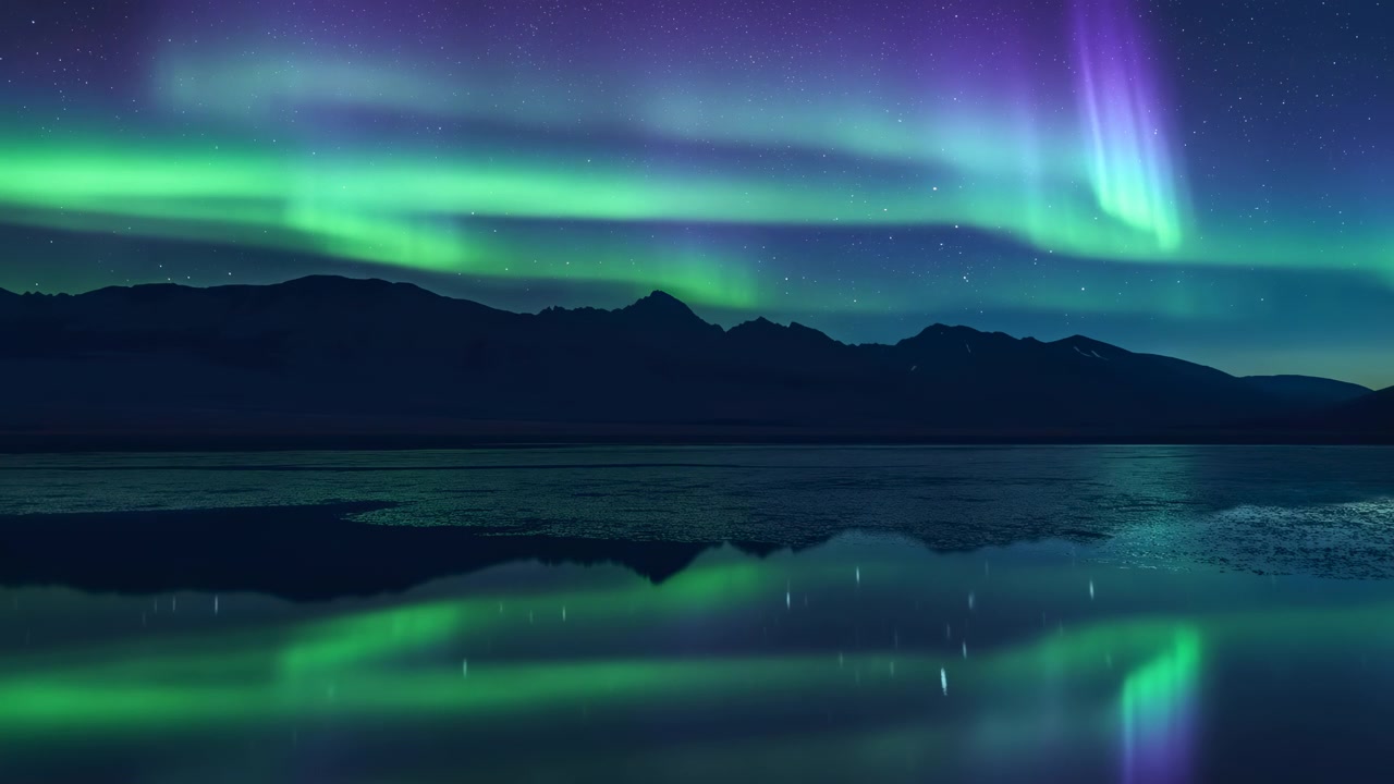 Cahaya aurora hijau cerah dan ungu menyapu langit malam yang gelap di atas pegunungan, dengan pantulan halus di danau yang tenang di latar depan