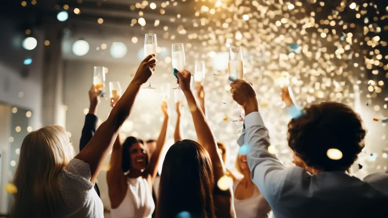 Scena di festa celebrativa con persone che brindano con calici di champagne. Il video è ripreso da un'angolazione bassa.