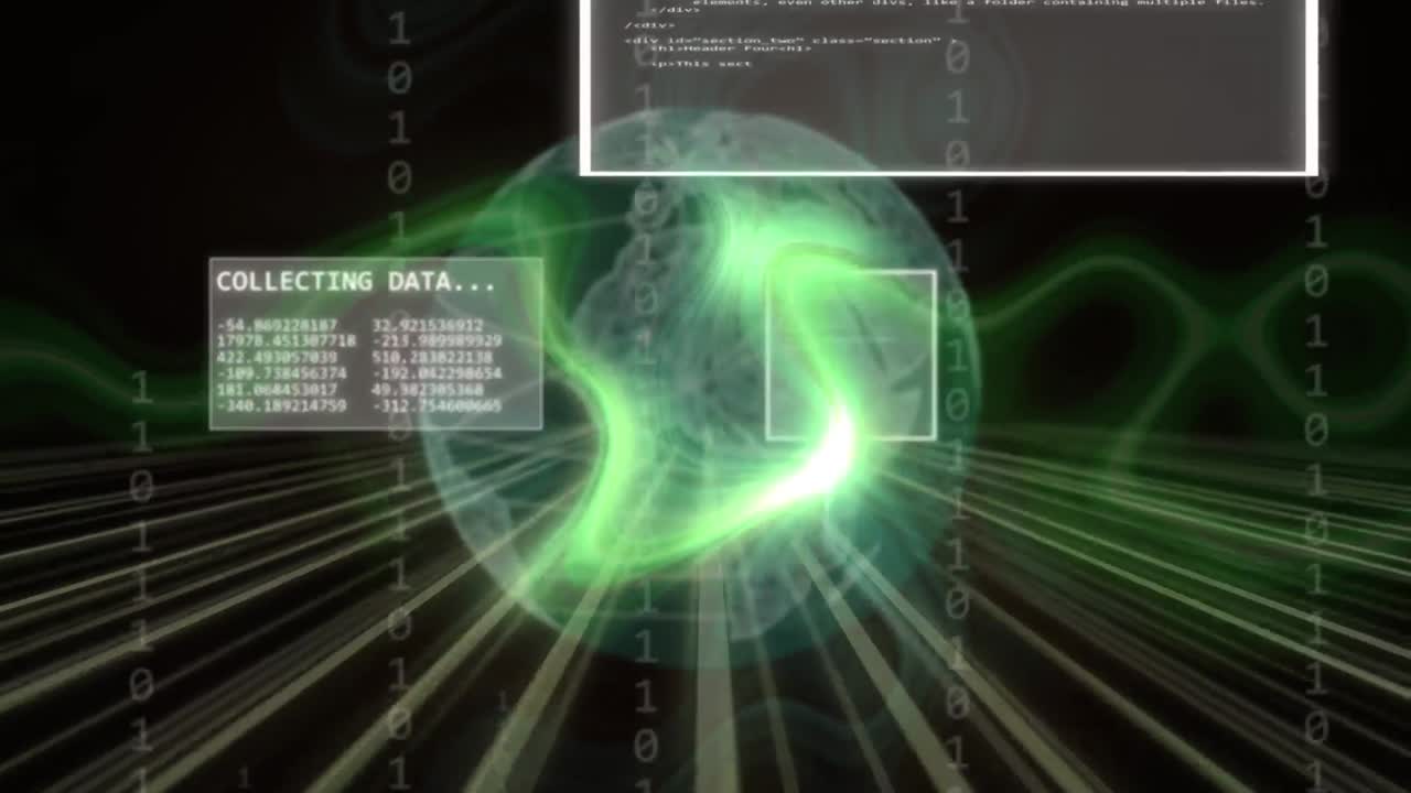 Animation of binary coding and data processing over globe