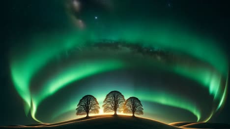 aurora borealis over a hilly landscape with trees
