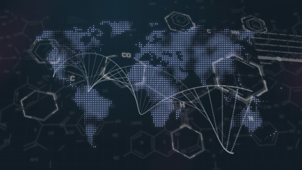 Animation of dna and chemical structures over world map against black background
