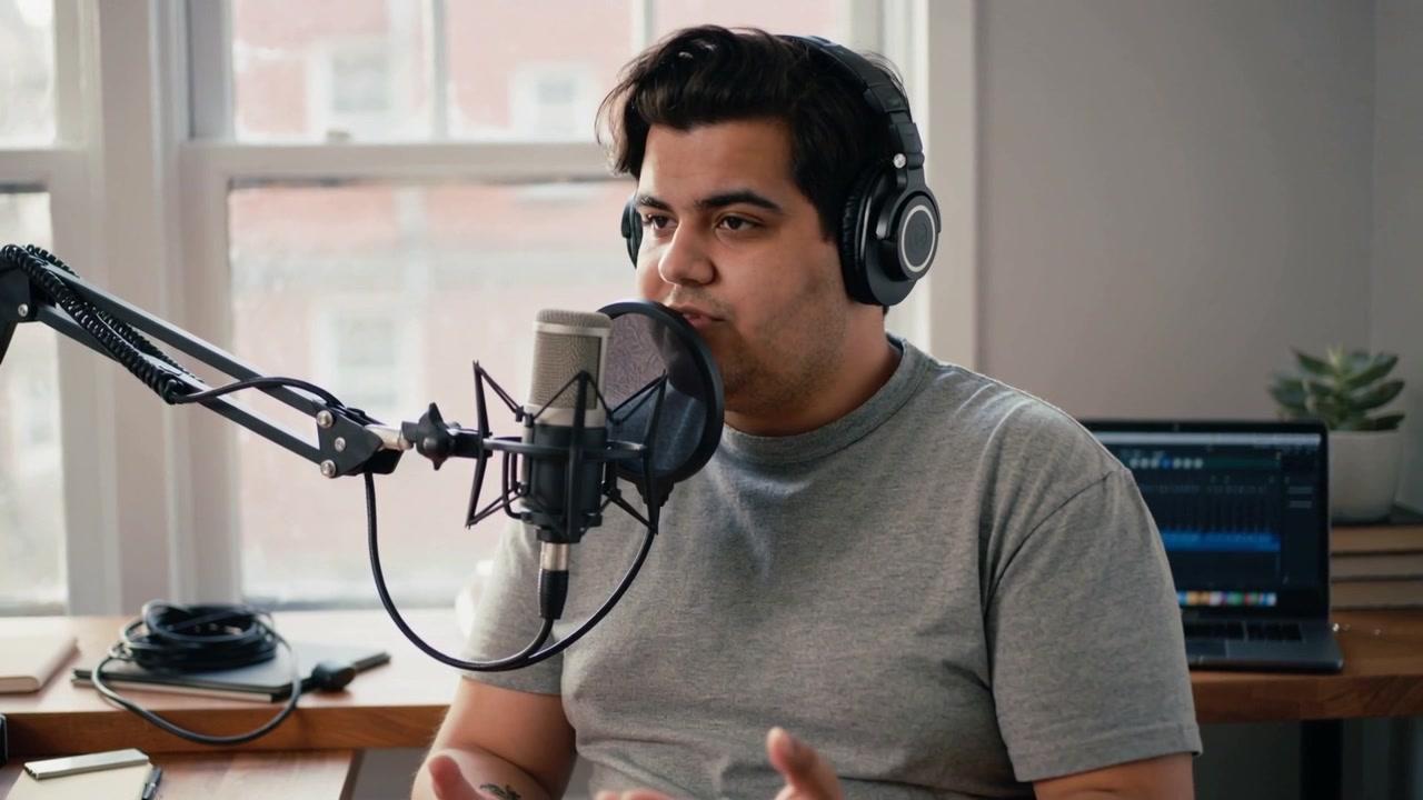 En mand åbner øjnene, læner sig ind mod mikrofonen i et hjemmestudie, mens han optager en podcast iført grå t-shirt og hovedtelefoner.