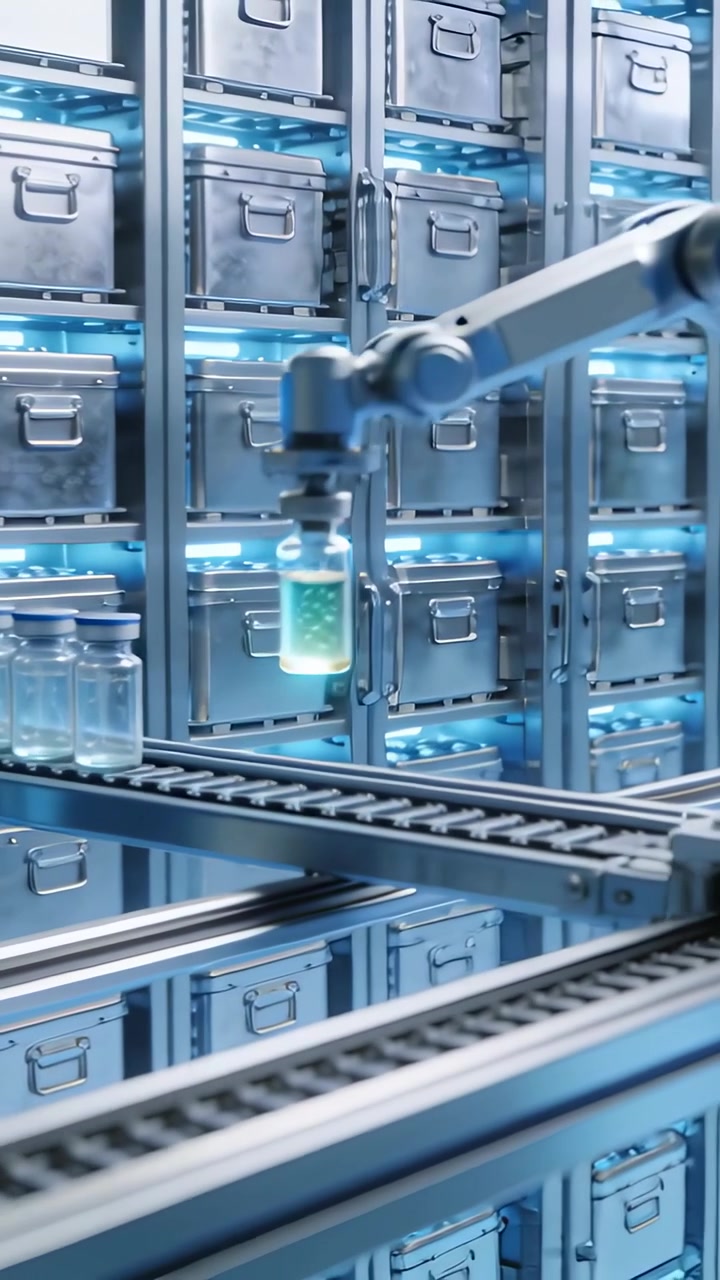 Vertical video: Picking robot arm aligning over moving conveyor in lab lifting green vial into tray
