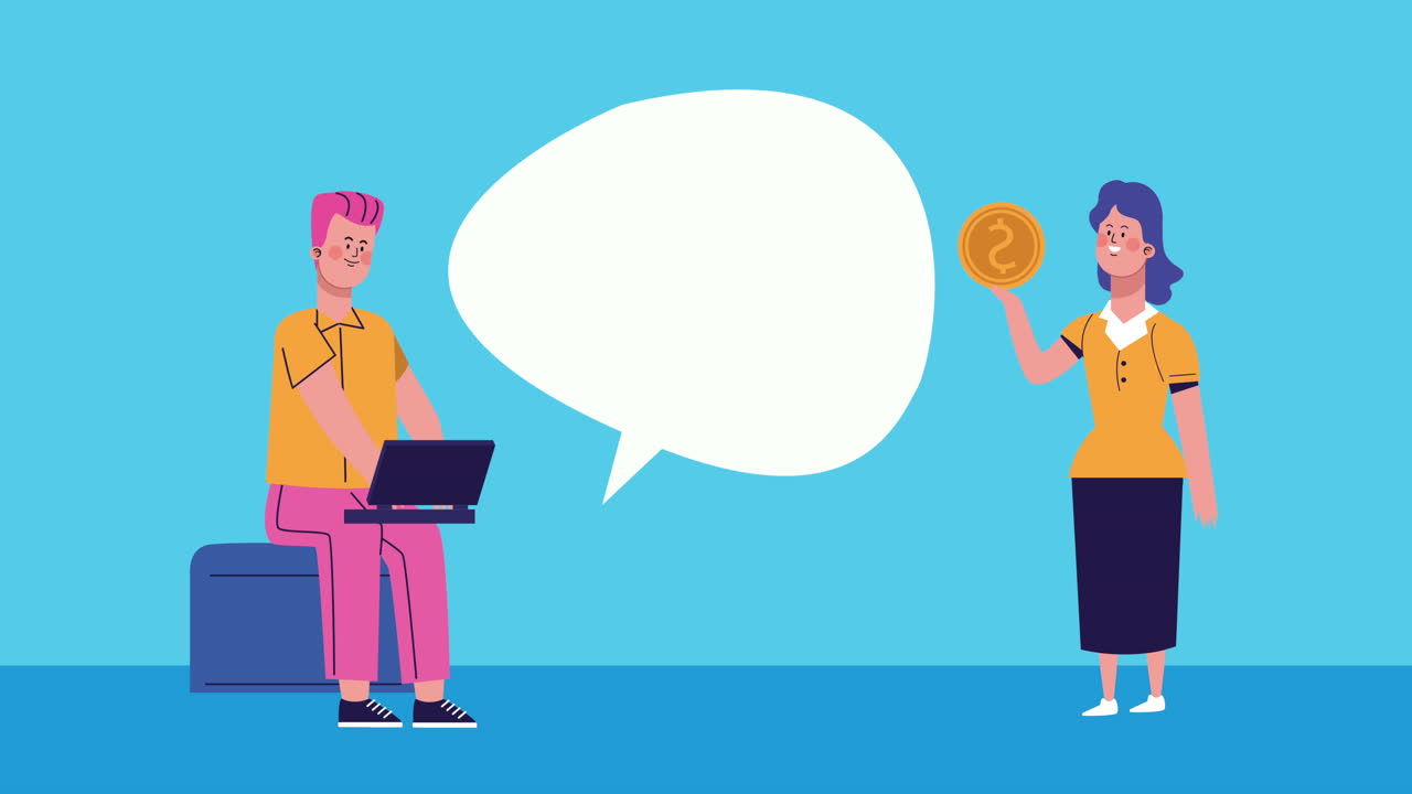 pareja de negocios usando portátil y monedas caracteres de dólares animados