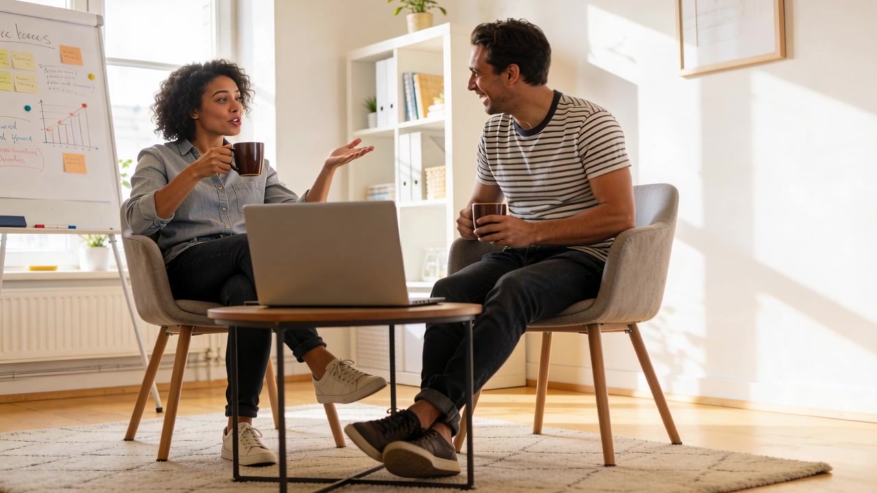 Holding mug up, pointing woman in gray shirt explaining plan, man replying in meeting room, laptop