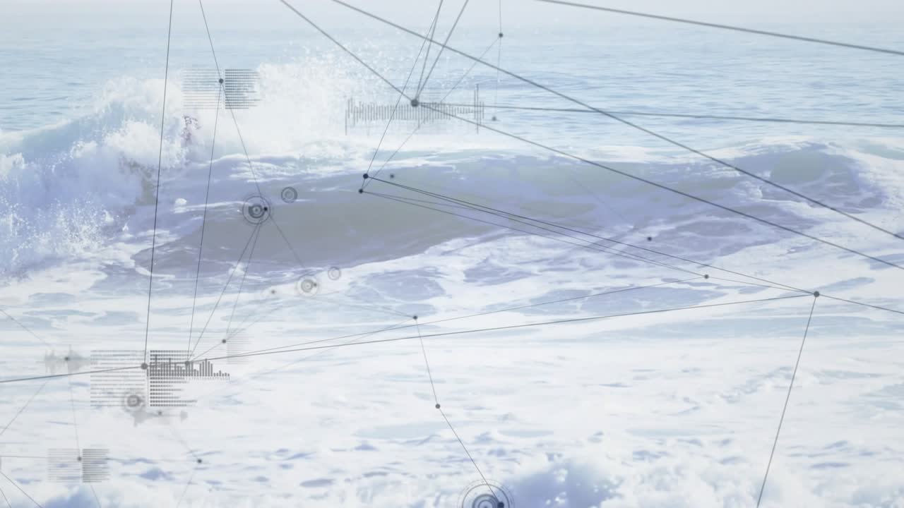 Male surfer dropping into rising shoreline wave HUD sports data tracking carving and keeping speed