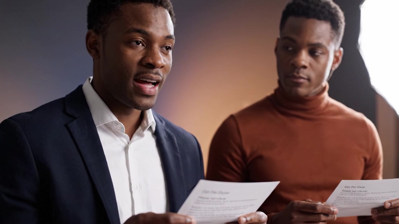 Two men engaged in a discussion, reading from printed materials while showcasing their expressions and focused demeanor in a well-lit professional setting.