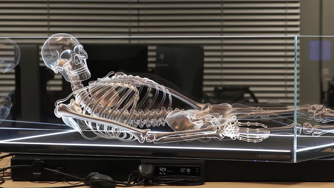 Life-size skeleton model displayed in a modern educational setting