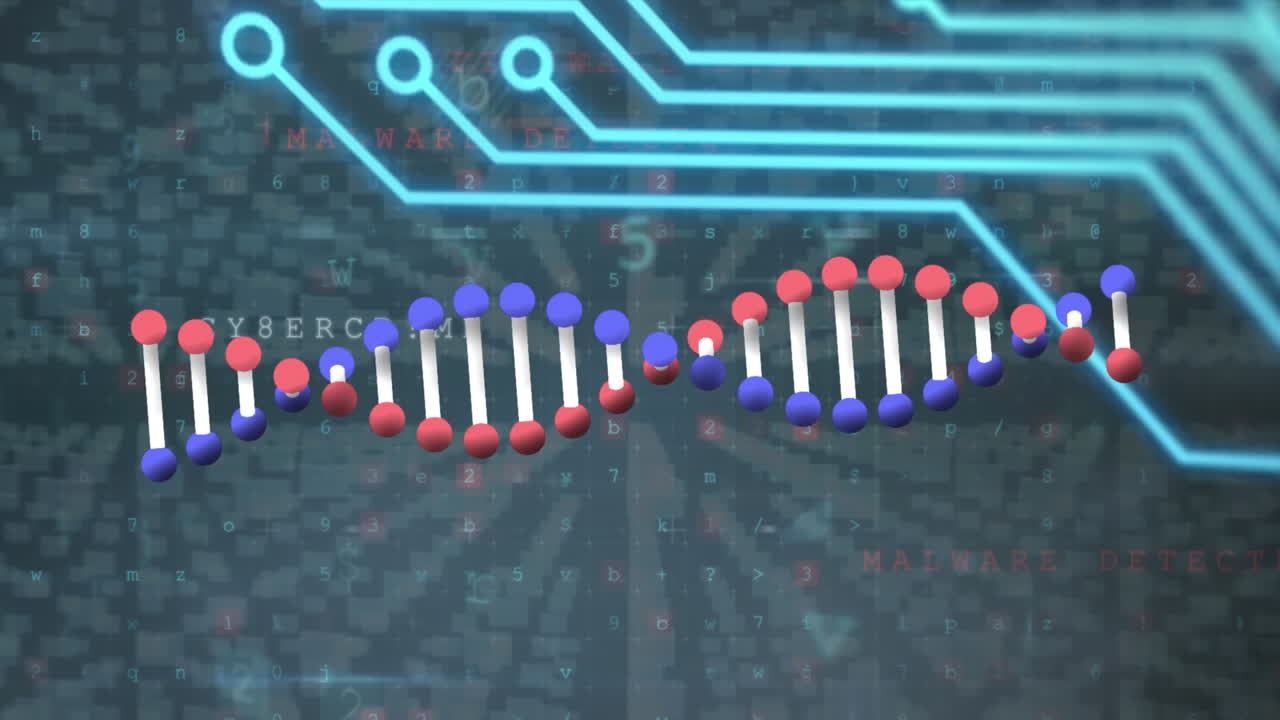 Animation of dna and integrated circuit over scanning on black background