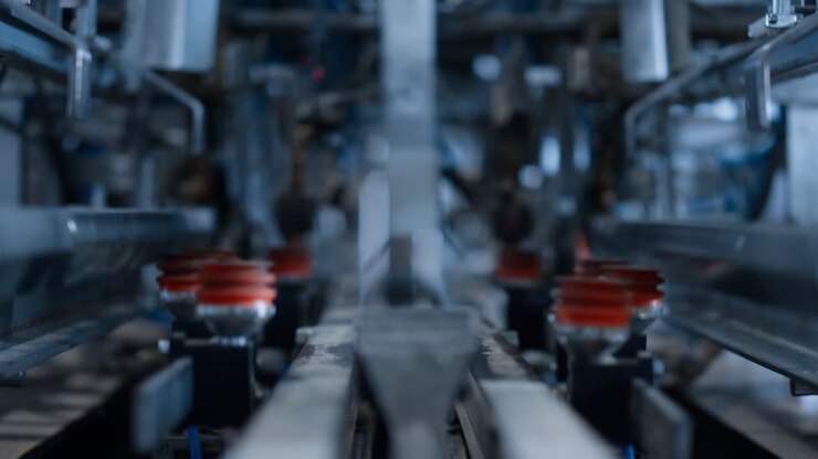 Factory wires automat cardboard box production in factory facility close up