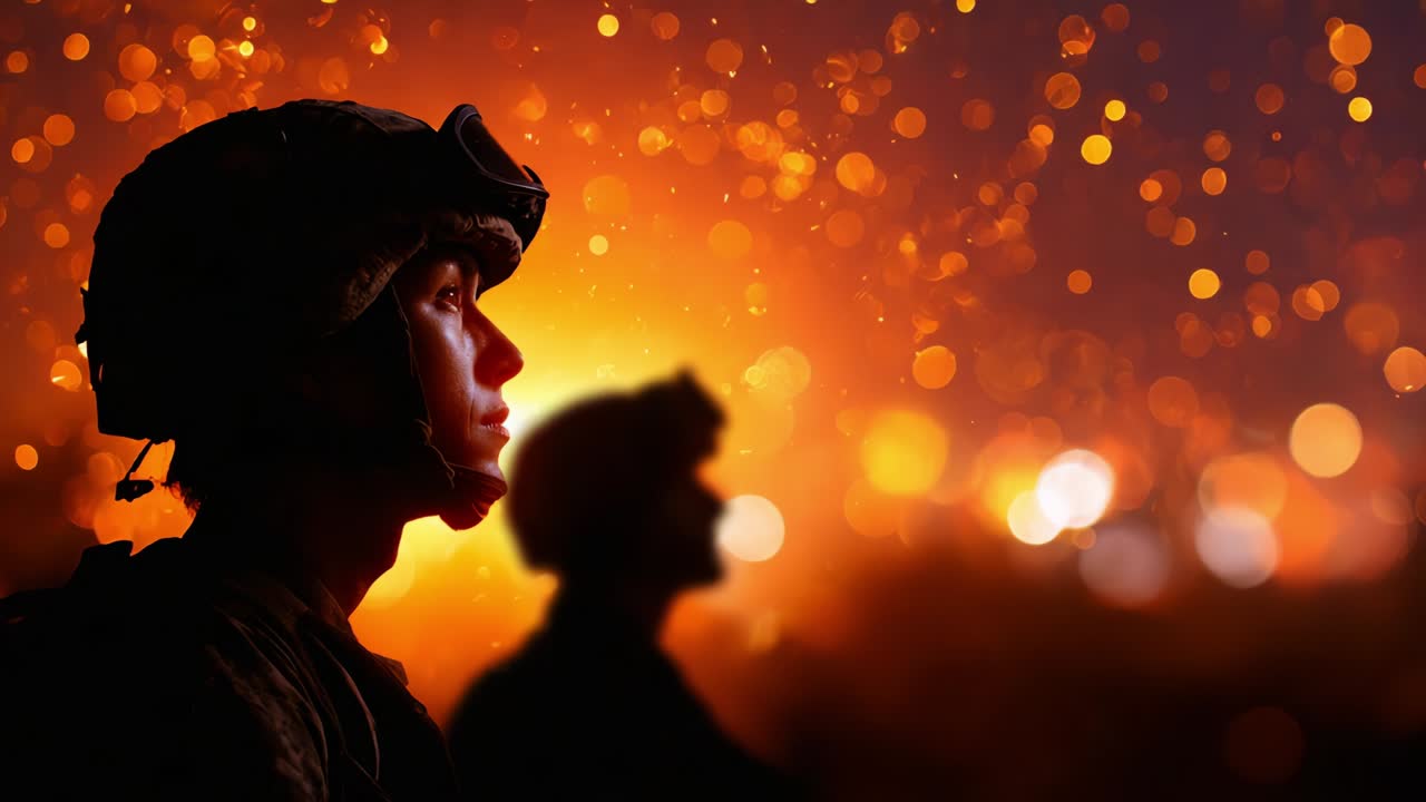 A stark depiction of soldiers in profile against a backdrop of an intense and fiery scene, symbolizing resilience, bravery, and the emotional weight carried by those in military service amidst chaos