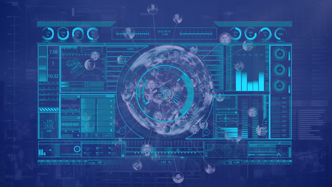 Animation of globe of business profile icons and interface with data processing on blue background